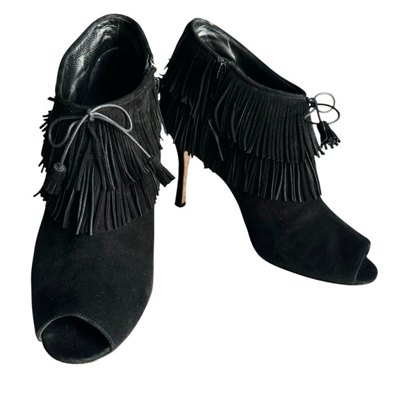 Manolo Blahnik Shoes - Manolo Blahnik Open Toe Heels Booties Black Suede Fringe